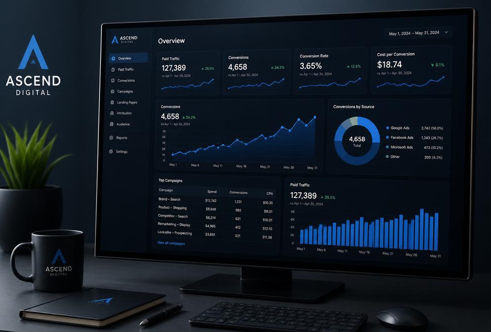 Painel de Google Ads com gráfico de crescimento e geração de leads