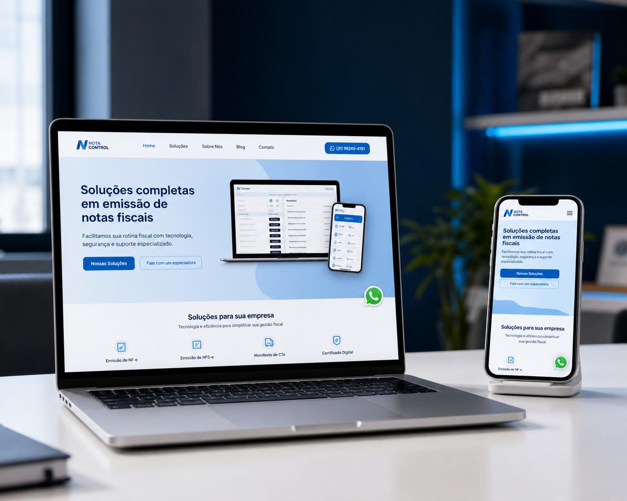 Site profissional exibido em desktop, notebook e smartphone