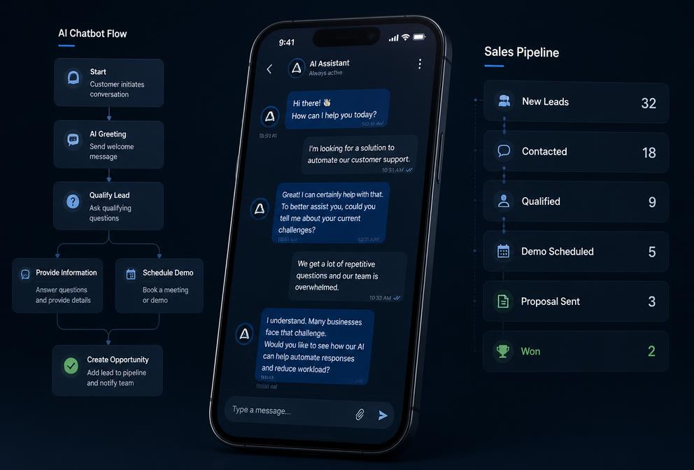 Celular com mensagens automáticas de WhatsApp e funil comercial